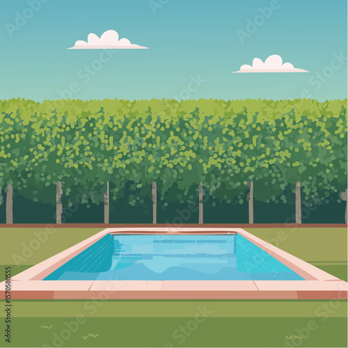 swimming pool in garden, surrounded by tall green hedge
