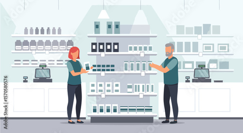 Shoppers Choosing Products on Display Shelves in a Modern Retail Store Environment Illustration