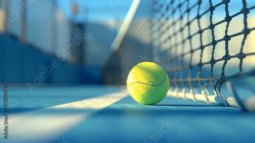 A tennis ball sits near the net on a blue court, ready for the next serve