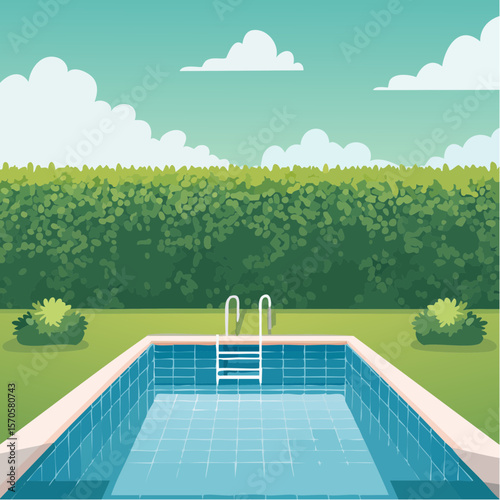 swimming pool in garden, surrounded by tall green hedge