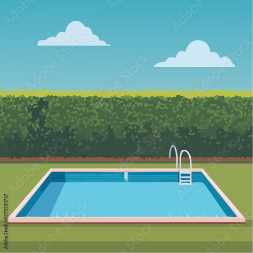 swimming pool in garden, surrounded by tall green hedge