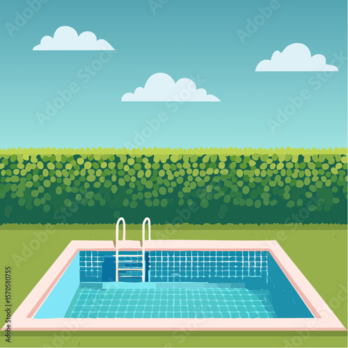 swimming pool in garden, surrounded by tall green hedge