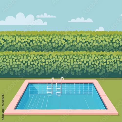 swimming pool in garden, surrounded by tall green hedge