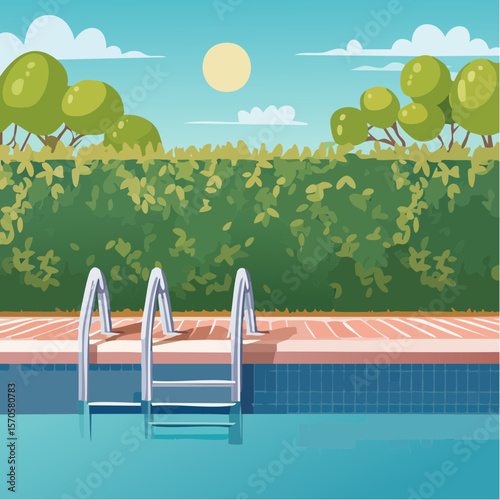 swimming pool in garden, surrounded by tall green hedge
