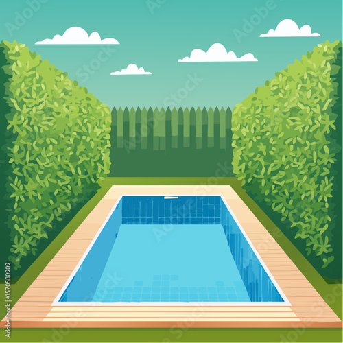 swimming pool in garden, surrounded by tall green hedge