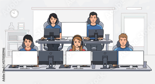 Diverse Team of Young Professionals Working on Computers in a Modern Office Environment Illustration.