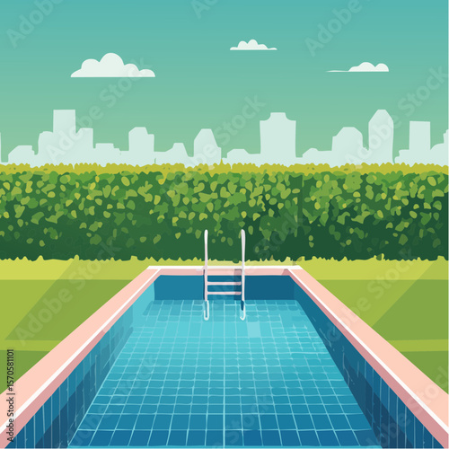 swimming pool in garden, surrounded by tall green hedge