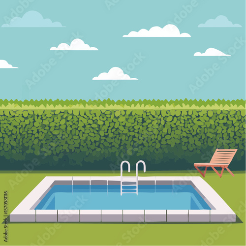 swimming pool in garden, surrounded by tall green hedge