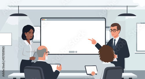 Diverse Business Professionals Collaborating in a Modern Office Meeting Room with Digital Presentation Screen