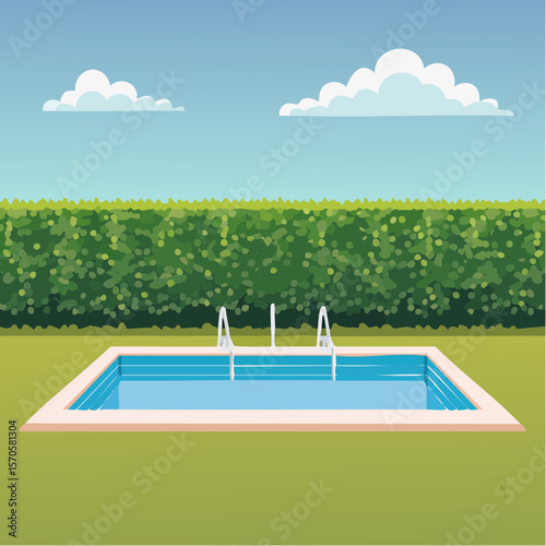 swimming pool in garden, surrounded by tall green hedge