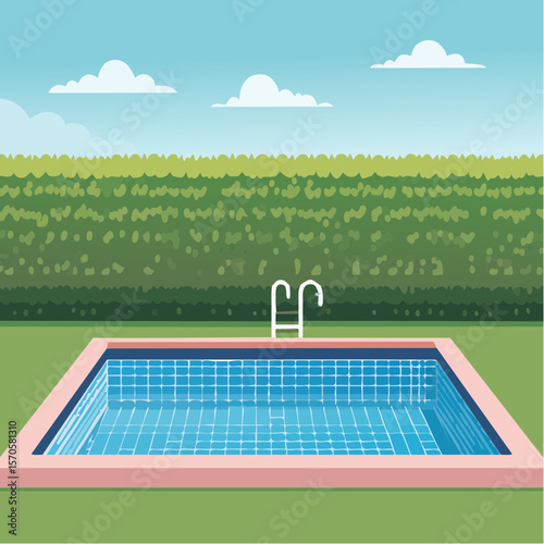 swimming pool in garden, surrounded by tall green hedge