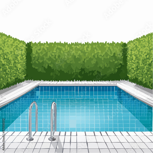 swimming pool in garden, surrounded by tall green hedge