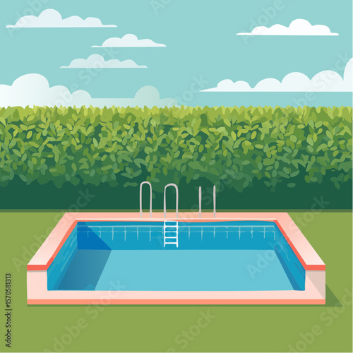 swimming pool in garden, surrounded by tall green hedge