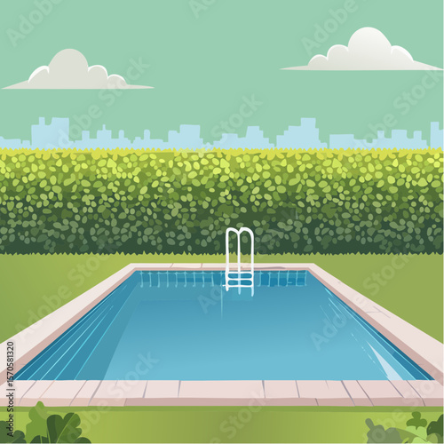 swimming pool in garden, surrounded by tall green hedge
