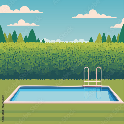 swimming pool in garden, surrounded by tall green hedge