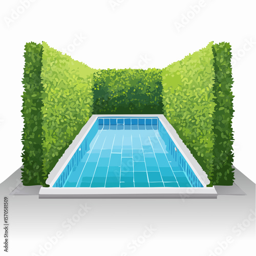 swimming pool in garden, surrounded by tall green hedge