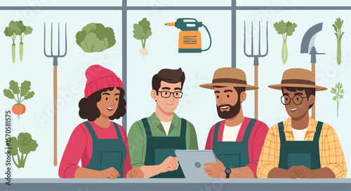 Smiling Diverse Farmers Collaborating with Digital Tablet for Sustainable Modern Agriculture Planning