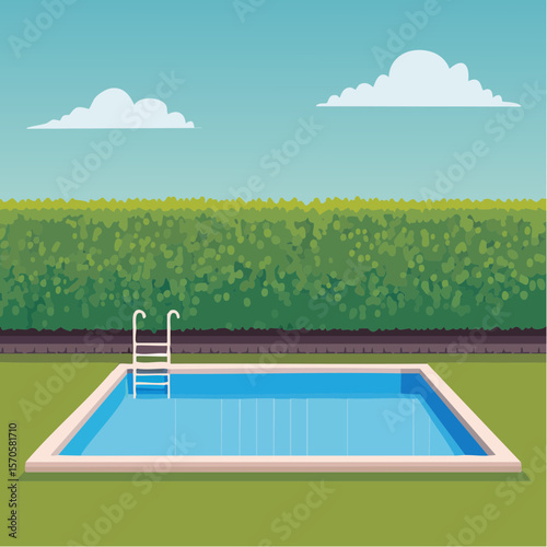 swimming pool in garden, surrounded by tall green hedge