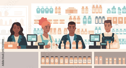 Professional Diverse Retail Staff Smiling and Working in a Modern Grocery Store with Products