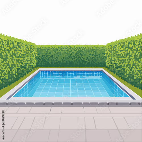 swimming pool in garden, surrounded by tall green hedge