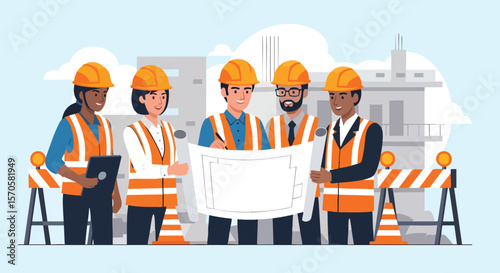 Diverse Team of Engineers and Architects Collaborating on Construction Project Blueprint at Site