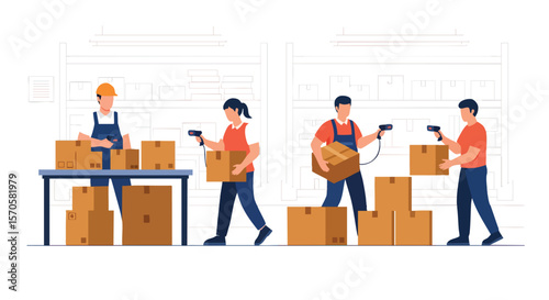 Warehouse Workers Scanning and Moving Boxes for Efficient Logistics and Inventory Management