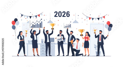 Diverse Business Team Celebrating 2026 Achievement and Growth with Trophies and Charts