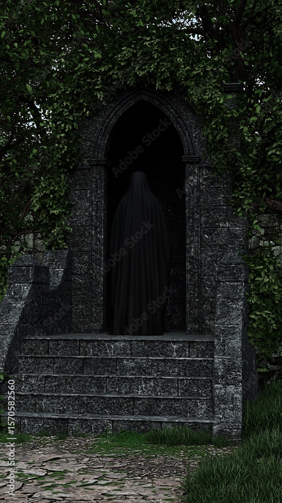 Fototapeta premium Enigmatic figure shrouded in darkness amidst an ancient, gothic architecture
