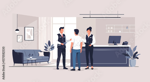 Professional Hotel Reception Staff Assisting Customer In Modern Minimalist Lobby Interior Design