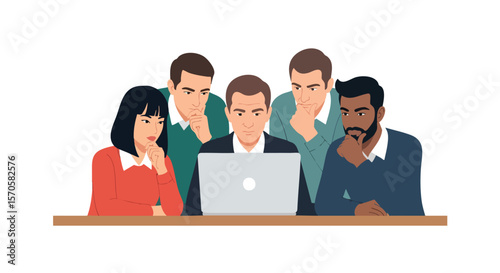 Diverse Business Professionals Collaborating, Thinking, and Problem-Solving During a Focused Laptop Meeting
