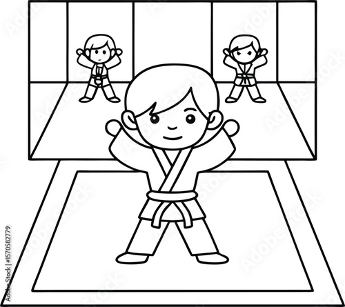 Children practicing martial arts in a dojo karate training
