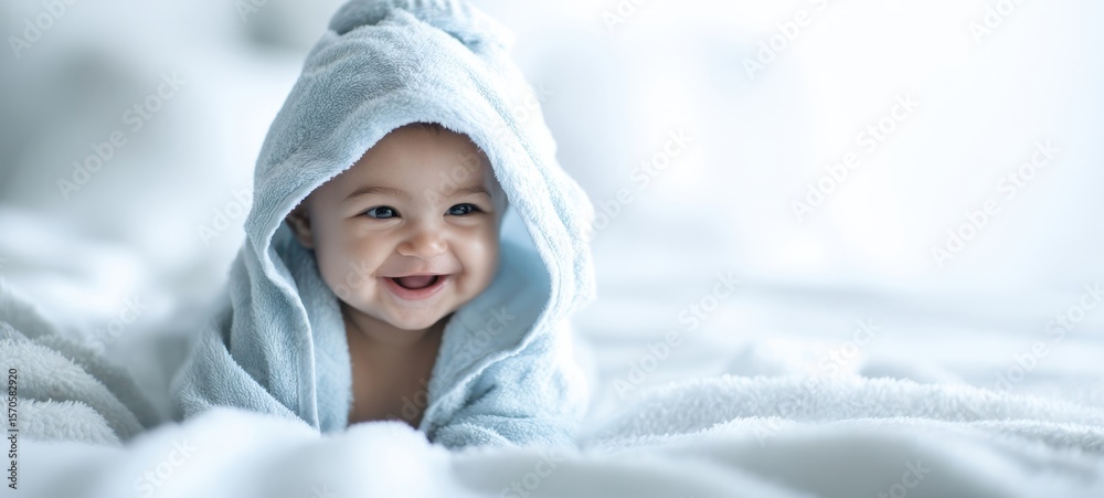 Obraz premium The happy baby wrapped in a soft blue towel with an adorable smile.