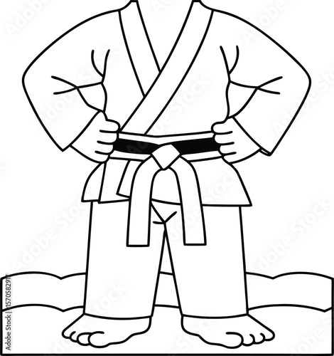 Martial arts uniform with black belt and bare feet standing on ground karate judo