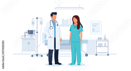 Professional Doctor and Nurse Team Standing in a Modern Hospital Room with Medical Equipment