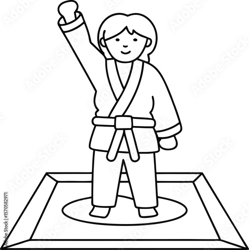 Person in martial arts uniform raising arm on mat victory