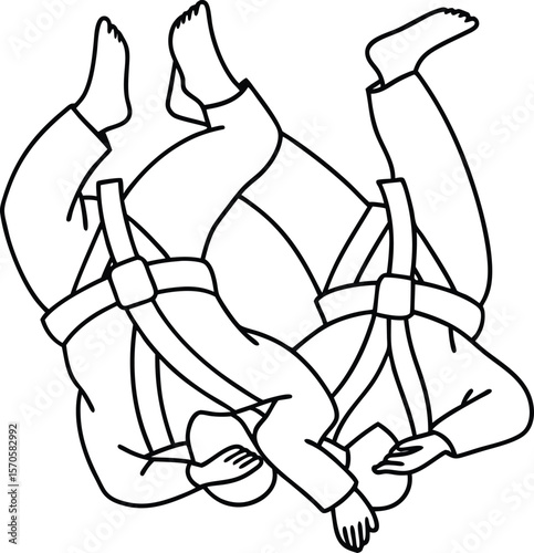 Two figures in martial arts uniforms engaged in a grapple grappling judo