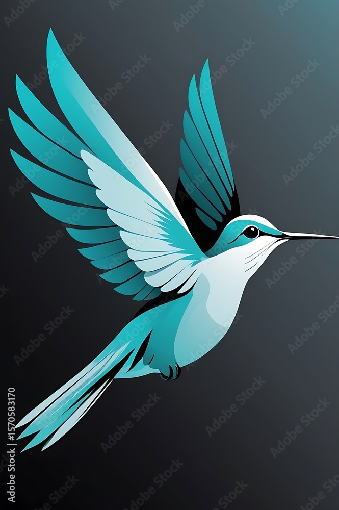 Obraz premium Abstract vector hummingbird mid-flight, icy cyan and charcoal black palette, minimalist cloud fade backdrop, elegant top-down angle
