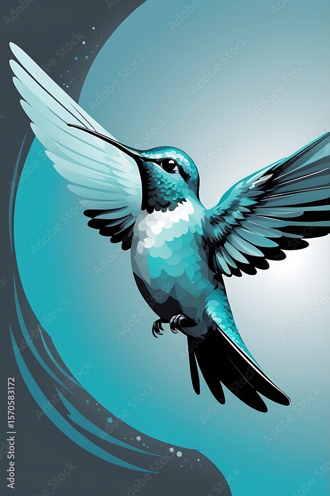 Fototapeta premium Abstract vector hummingbird mid-flight, icy cyan and charcoal black palette, minimalist cloud fade backdrop, elegant top-down angle