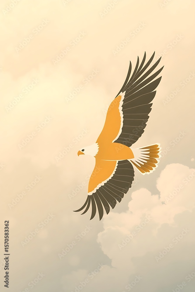 Obraz premium Abstract wave-line eagle in flight, minimalist form using goldenrod and charcoal tones, subtle cloudy sky background, elegant perspective shot from below, soft-edged vector look