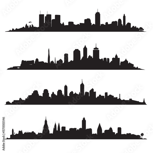 boston city skyline silhouette set, Black & White silhouette set 
