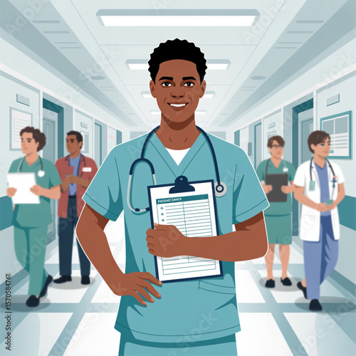 Young Black Male Nurse Holding Clipboard in Hospital Hallway
