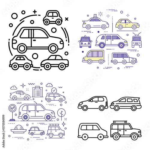 Car Icon Set – Linear Transport Symbols Vector Illustration