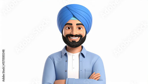 3D Render of Smiling Punjab Man Wearing Traditional Turban on White Background