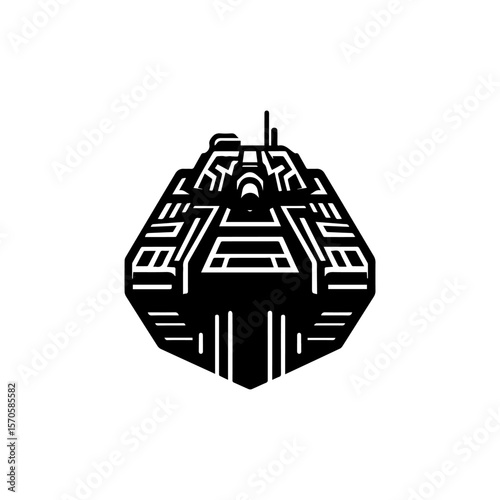 Black and white graphic illustration of a tank, viewed from the front, with geometric details.