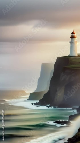 Spectacular coastal cliffs with lighthouse in the distance in the sea fog