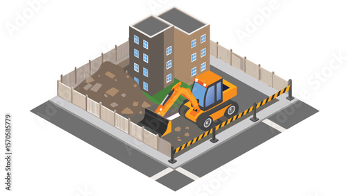 Isometric view of construction site with excavator building and safety barriers present on the street