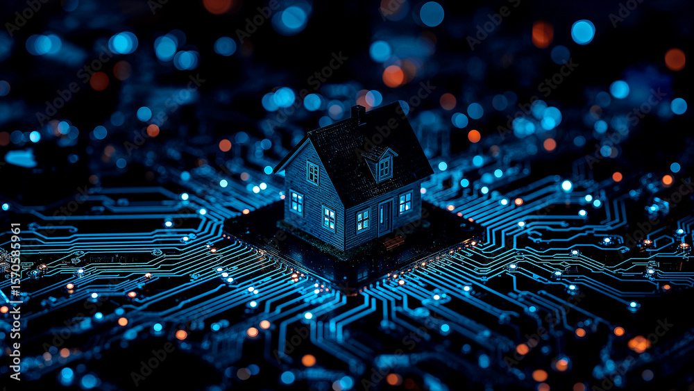 Fototapeta premium Illuminated miniature house on circuit board