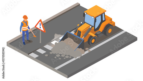 Isometric view of road construction with worker and loader on a gray asphalt surface area shown
