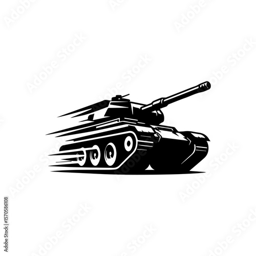A black and white illustration of a military tank moving rapidly.