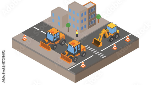 Isometric view of road construction scene with buildings, vehicles, and a construction worker on site